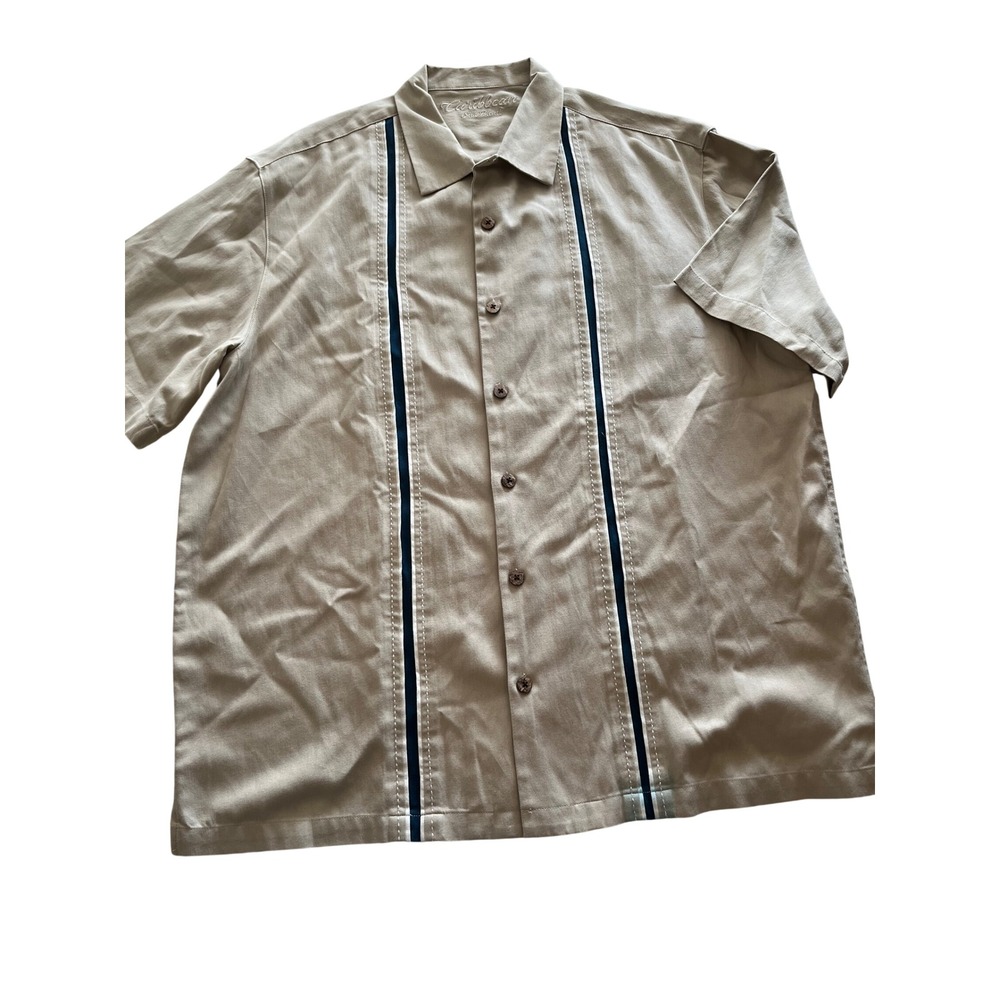 Caribbean Silk Blend Mens Short Sleeve Button Down Shirt Tan Blue Stripe XL